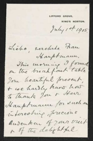Brief von Ethel Mary Fiedler an Margarete Hauptmann
