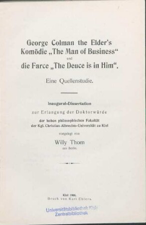 George Colman the Elder's Komödie "The Man of Business" und die Farce "The Deuce is in Him" : eine Quellenstudie