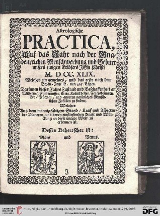 Astrologische Practica, Auf das Jahr nach der Gnadenreichen Menschwerdung und Geburt unsers einigen Erlösers Jesu Christi
