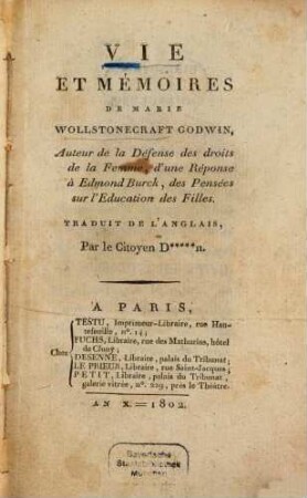 La vie et mémoires de Marie Wollstonecraft Godwin