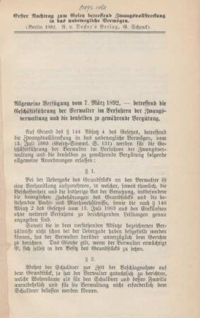 Nachtr. 1: Gesetz, betreffend die Zwangsvollstreckung in das unbewegliche Vermögen