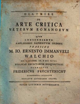 Diatribe De Arte Critica Vetervm Romanorvm. [1]