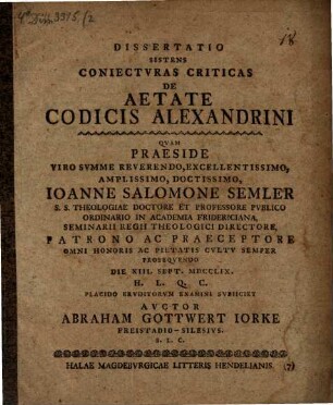 Diss. sistens coniecturas criticas de aetate codicis Alexandrini