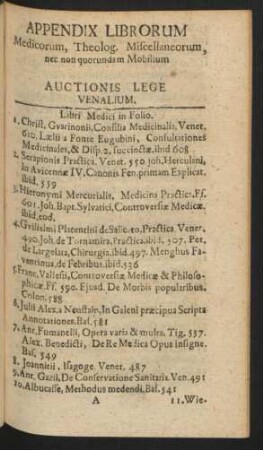 Appendix Librorum Medicorum, Theolog. Miscellaneorum, nec non quorundam Mobilium