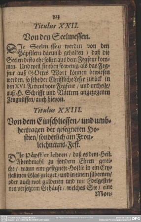 Titulus XXIII. Von dem Einschließen, und umbhertragen der gesegneten Hostien, sonderlich am Fronleichnams-Fest