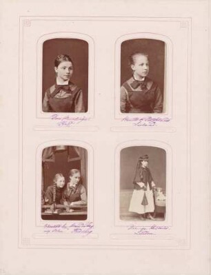 links oben: Schülerin Dora Munfinger aus der Pfalz rechts oben: Schülerin Benita von Pistohlkow aus Livland links unten: Schülerinnen Elisabeth Hellwig aus Mannheim und Marie du Tay (?) aus Heidelberg rechts unten: Schülerin Florence Bellairs aus London (Gibraltar?) [im Großherzoglichen Institut Mannheim]