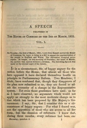 Speeches of the Right Honorable T. B. Macaulay : corrected by himself. 1