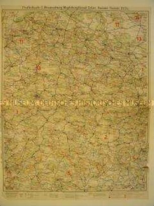 Verwaltungskarte mit den Postleitgebieten Braunschweig, Magdeburg, Kassel, Erfurt
