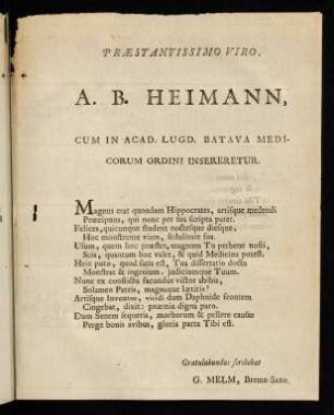 Praestantissimo Viro, A.B. Heimann...