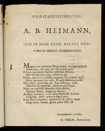 Praestantissimo Viro, A.B. Heimann...