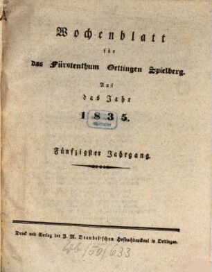 Wochenblatt für das Fürstenthum Oettingen-Spielberg : auf das Jahr .... 1835