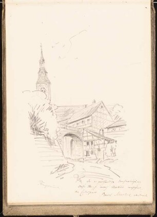 Skizzenbuch 1899: Tangermünde, Bürgerhäuser, Brücke und Kirchturm, perspektivische Ansicht