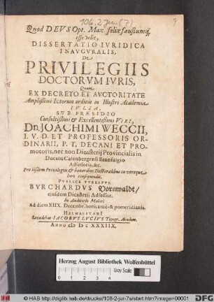 Dissertatio Iuridica Inauguralis, De Privilegiis Doctorum Iuris