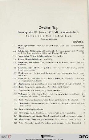 Zweiter Tag: Samstag, den 28. Jänner 193, VII., Museumstraße 3, Beginn um 3 Uhr nachmittags (Nr. 231-501)