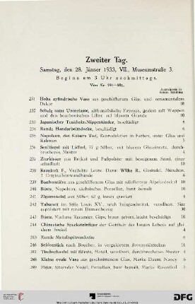 Zweiter Tag: Samstag, den 28. Jänner 193, VII., Museumstraße 3, Beginn um 3 Uhr nachmittags (Nr. 231-501)