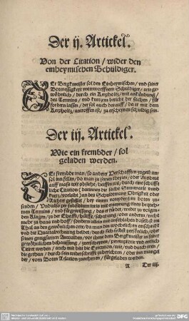 Der II. Artickel. Von der Citation / wider den einbeymischen Schüldiger.