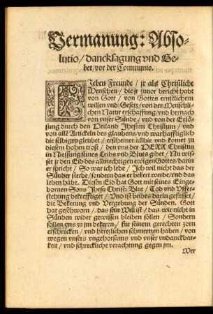 Vermanung: Absolutio/ dancksagung und Gebet/ vor der Communio.