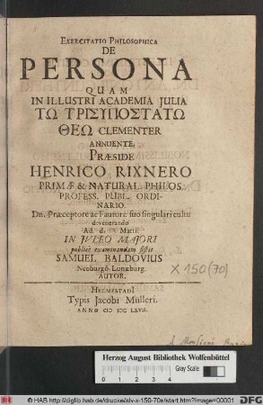 Exercitatio Philosophica De Persona