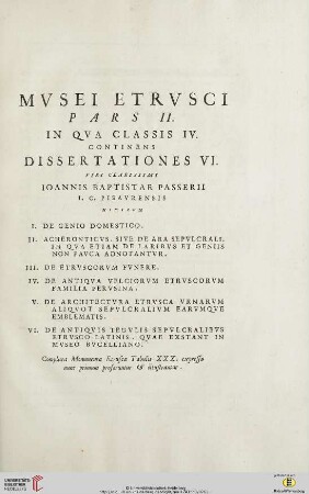 Musei Etrusci Pars II in qua classis IV continens Dissertationes VI
