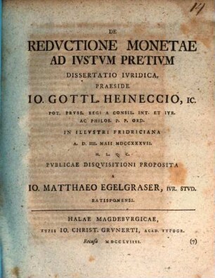 De Reductione Monetae Ad Iustum Pretium : Dissertatio Iurididca
