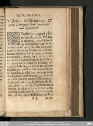 Apologema De finibus Iurisprudentiae, [et] studiis Theologicis à studiis Iuris Divini rectè dignoscendis.