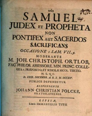 Samuel Judex Et Propheta Non Pontifex Aut Sacerdos Sacrificans : Occasione I. Sam. VII,9.