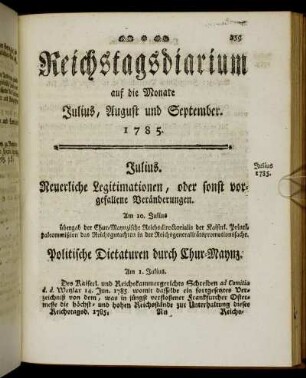 Reichstagsdiarium auf die Monate Julius, August und September. 1785.