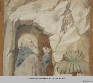 Freskenzyklus mit Szenen aus der Vita des heiligen Antonius : Antonius kniet vor dem Eremiten Paulus