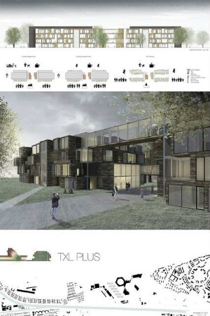 Transformation TXL - Vom Flugfeld zum Lebensraum Schinkelwettbewerb 2013: Ansicht Süd 1:200, Diagramme, perspektivische Ansicht, Schwarzplan 1:5000