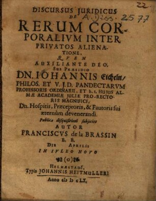 Discursus Juridicus De Rerum Corporalivm Inter Privatos Alienatione