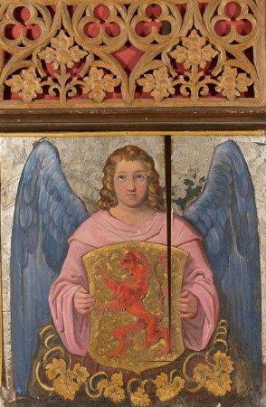Teil einer Wandvertäfelung mit einen das Wappen des Meißener Löwen haltenden Engel (aus dem Reformatorenzimmer der Veste Coburg)
