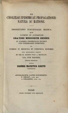 De cholerae epidemicae propagationis natura ac ratione : dissertatio inauguralis medica