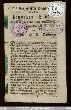 Kurzgefaßter Bericht von der heurigen Erndte Am XIV. Sonnt. nach Trin. 1762