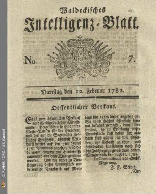 No. 7, Dienstag deb 12. Februar 1782