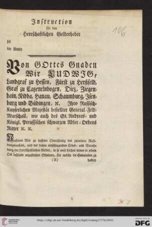 Instruction für den Herrschaftlichen Gelderheber zu [ ] im Amte [ ]