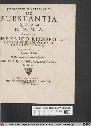 Exercitatio Metaphysica De Substantia