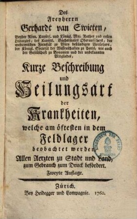 Kurze Beschreibung und Heilungsart der Krankheiten, welche am öftesten in dem Feldlager beobachtet werden