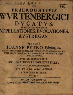 De praerogativis Wurtenbergici ducatus praesertim adversus adpellationes, evocationes, austregas