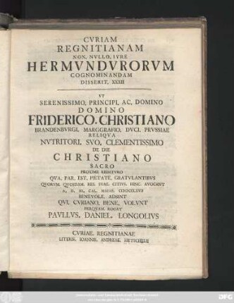 32: Cvriam Regnitianam Non. Nvllo. Ivre Hermvndvrorvm Cognominandam Disserit ...