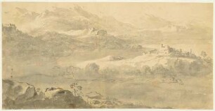Italienische Berglandschaft mit Städten auf den Gipfeln