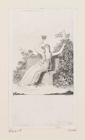 Friederike Augustine Conradine Unzelmann mit Blumen geschmückt und herabwallendem Haar auf einer Rasenbank