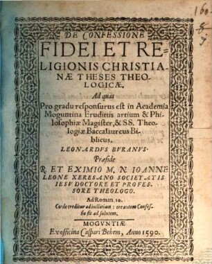 De Confessione Fidei Et Religionis Christianae Theses Theologicae