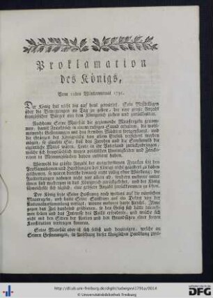 Proklamation des Königs, vom 12ten Wintermonat 1791.