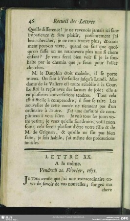 Lettre XX. A la même.Vendredi 20. Février, 1671