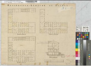Grundrisse zum Regierungsgebäude in Aachen. Erdgeschoß, 1. und 2. Etage, Querschnitt