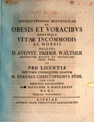 Dissertationem inauguralem de obesis et voracibus eorumque vitae incommodis ac morbis