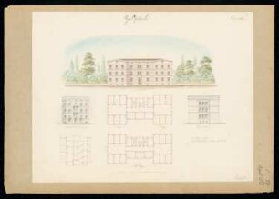 Hospital, Berlin Monatskonkurrenz April 1838: Grundriss Erdgeschoss, Obergeschoss, Aufriss Straßenansicht, Seitenansicht, Mittelteil der Rückansicht, Querschnitt; Maßstabsleiste