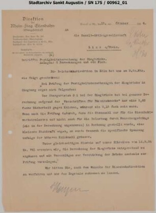 Brücke A: Brief bzgl. Festigkeitsberechnung der Siegbrücke Siegburg