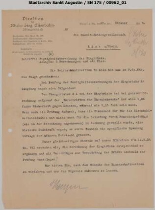 Brücke A: Brief bzgl. Festigkeitsberechnung der Siegbrücke Siegburg