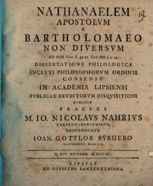 Nathanaelem apostolum a Bartholomaeo non diversum, ad Jo. I, 45 - 51. : diss. philol.